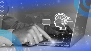 A close-up of someone typing on a laptop with a holographic outline of a head representing agentic AI.