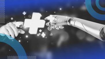 A human hand and robot (AI) hand reaching toward each other with a holographic plus sign between their outstretched index fingers.