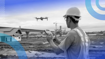 Engineer controlling a drone over muddy land