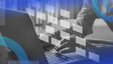 Data scientist working on laptop with binary tree overlay