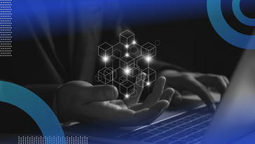 Blockchain developer holding blockchain cube concept in hand