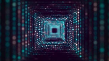 Square tunnel consisting of glowing lights