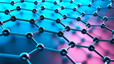 3D rendering of graphene's atomic structure, set against a blue and pink background. 