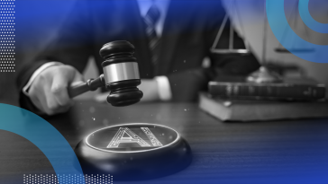 A hand holds a gavel above an AI symbol