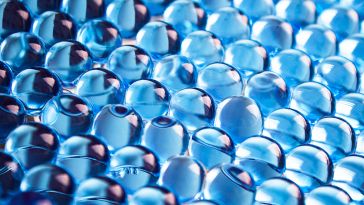 Close-up of blue, hydrogel balls.