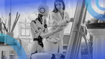 Robot painting with instructor pointing to easel