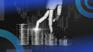 Stacks of gold coins in decreasing size with a robot hand on top