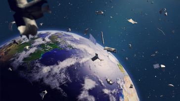 A fictional illustration of space debris floating around the Earth.