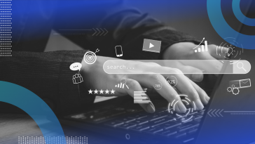SEO marketer with search bar and data illustration