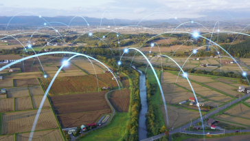 A series of digital arcs connect fields and farms, representing next-gen technologies in agriculture.