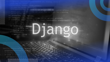 A laptop with the word Django superimposed on top