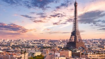 Eiffel Tower in pink clouds