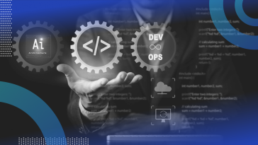 A man in a suit holds symbols saying AI, DevOps, and a symbol