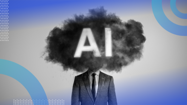 A man in a suit with his head covered by a dark cloud that says AI