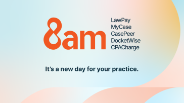 A graphic with an orange and blue background with the 8am logo in the center next to the LawPay, MyCase, CasePeer, DocketWise and CPACharge product names.