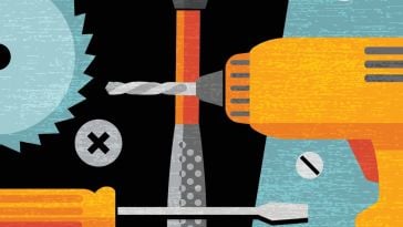 A screwdriver, power drill, and other hardware tools on top of a black background.
