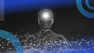 A digital outline of a person with a glowing brain