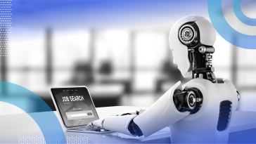 A robot works on a laptop with a job search screen