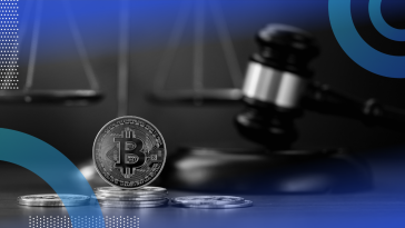 Legal gavel and bitcoin with scales in the background