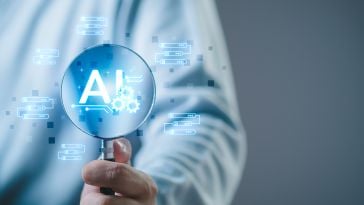 A hand holds up a microscope featuring an illustration with the letters "AI" in the center to represent AI search.