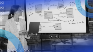 A woman presents with a laptop in front of a whiteboard