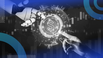 Human and robot hand grasping money to represent AI funding