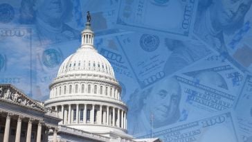 The Capitol building with dollar bills superimposed on a light-blue sky in the background.