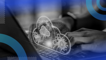 Person accessing the cloud with cloud image overlay