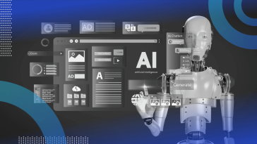 A humanoid robot works with digital tools