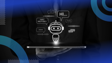 A digital robot greets the viewer above a tablet computer