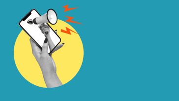 A collage of a hand with a megaphone sticking out of a phone screen to show the idea of clear customer service team communication with clients. 