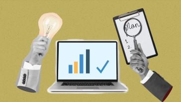 A collage of hands holding a lightbulb and magnifying glass in front of a computer with a bar chart to show the idea of finding and using data in sales. 
