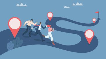 An illustration of three people along a winding path with location points on the way to show the idea of data guiding someone. 