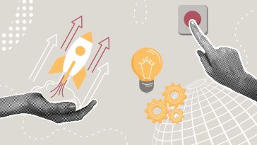 A collage of two hands with icons of a button, a rocket, a globe and gears to show the idea of working on purpose-driven tech. 