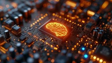 A close-up shot of a computer chip with the image of a human brain etched onto its surface. 