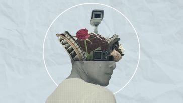Image of a man with various machine parts and cameras coming out of his head.