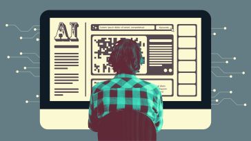 An employee sits in front of a computer screen with AI-generated workslop.