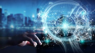 A hand reaches toward a glowing blue, circular illustration of data points.