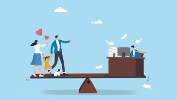An illustration of a giant balance with a family standing on one end and a businessman working on the other end, symbolizing the idea of work-life balance