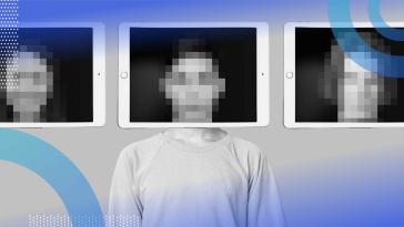 A torso below three screens showing computer-generated faces