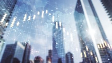 A fluctuating line chart overlays a skyscraper to represent business and financial operations.