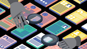 An illustration of two robotic hands with magnifying glasses scanning over a grid of colorful resumes, symbolizing AI in talent acquisition.