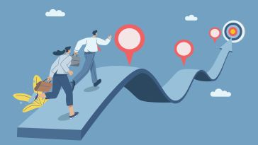 Two businesspeople running with briefcases on an undulating path while heading toward a target, symbolizing the idea of striving toward a mission as a team