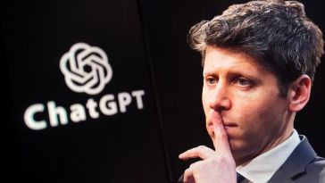Sam Altman holds a finger up to his mouth, with a ChatGPT logo in the background. 
