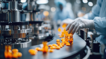 A pharmaceutical manufacturing plant. A line of orange pills and bottles travel down a belt. A gloved hand in a blue smock hovers over one of the bottles.