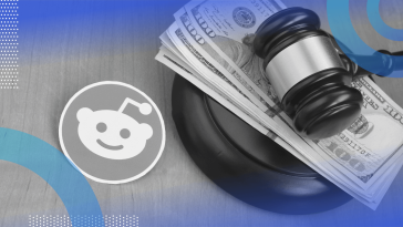 A Reddit logo next to a gavel atop a stack of $100 bills