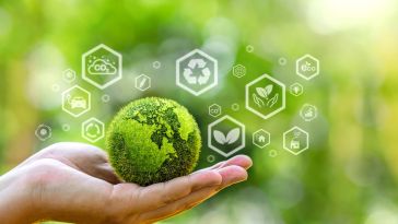 A hand holds a globe covered in green grass and surrounded by icons that represent sustainability and renewable energy.
