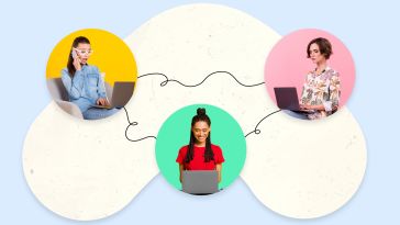 A collage of three women working on laptops in geometric patterns to show the idea of women in tech.