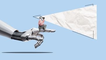 A collage of a woman sitting on an AI hand looking through binoculars to show the idea of women looking to the future of tech.