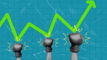 A collage of hands in boxing gloves hitting goals on a rising chart to show the idea of hitting sales goals. 